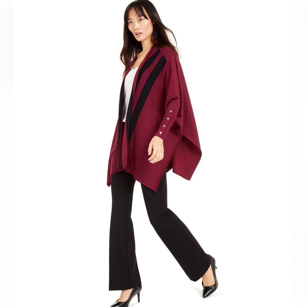 ALFANI Striped Open-Front Poncho Cardigan PS SP Petite Small EUC $80 Black Ivory - Picture 12 of 14